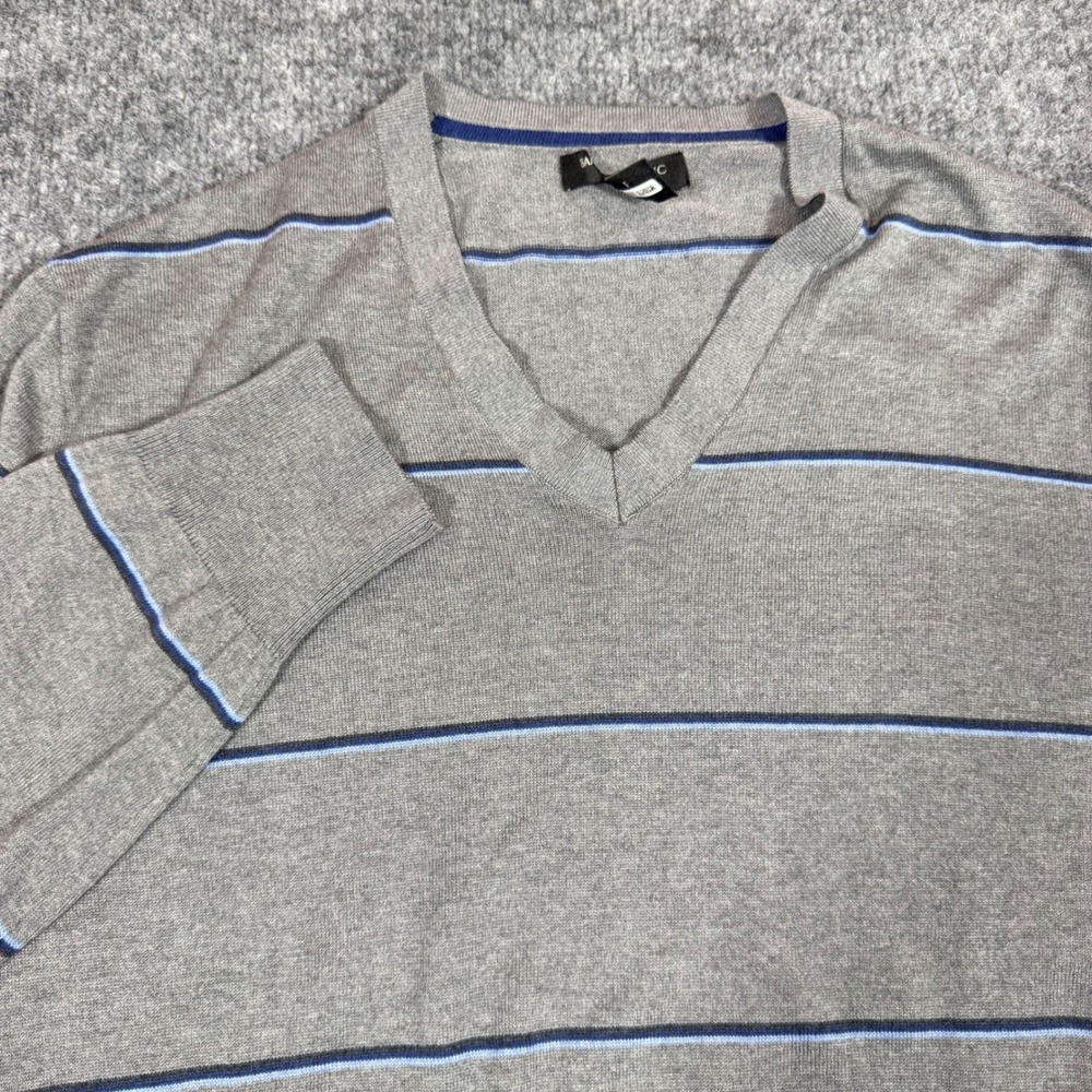 Banana Republic V-Neck Striped Mens Large Gray Silk Cashmere Blend Sweater GUC